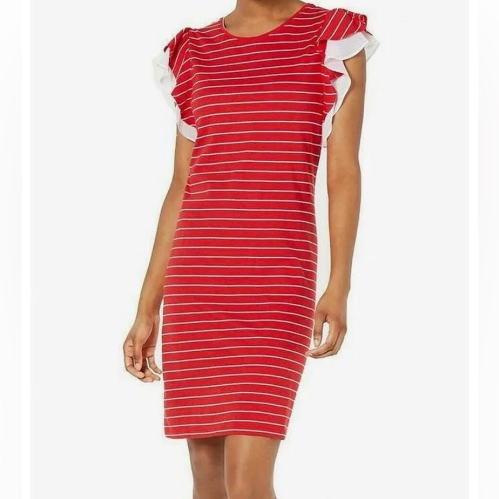 MAISON JULES Womens Red Striped Short Sleeve Above The Knee Shift Dress